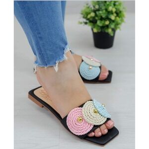 Shaicella Denim Square Toe Slides Colorful Rope Embellished Sandals Boho Size 9